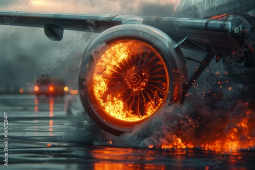 Airplane Engine Fire During Takeoff On Rainy Runway photo