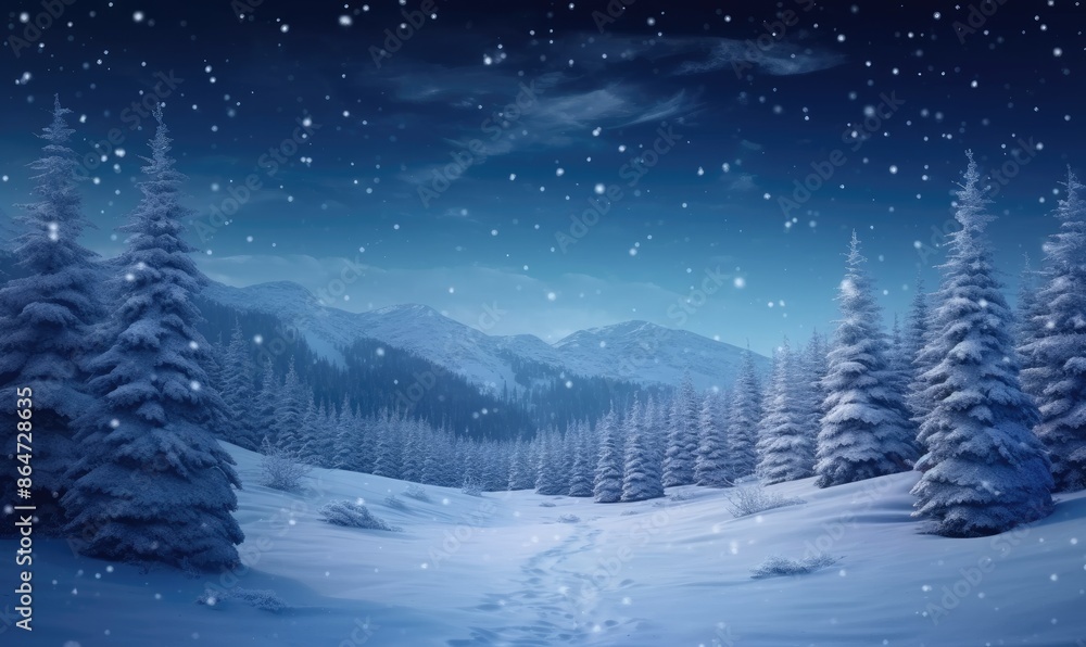 Beautiful Winter Landscape With Snowy Night in a Mountain Forest Beautiful Winter Landscape With Snowy Night in a Mountain Forest