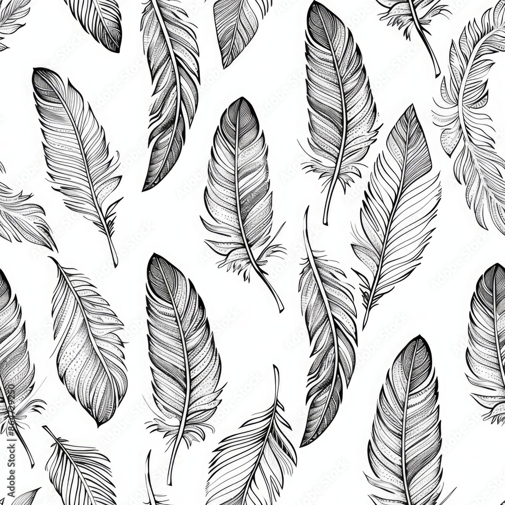 Intricate Feather Patterns: Detailed Illustration of Feathers in Repeating Design, seamless Intricate Feather Patterns: Detailed Illustration of Feathers in Repeating Design, seamless