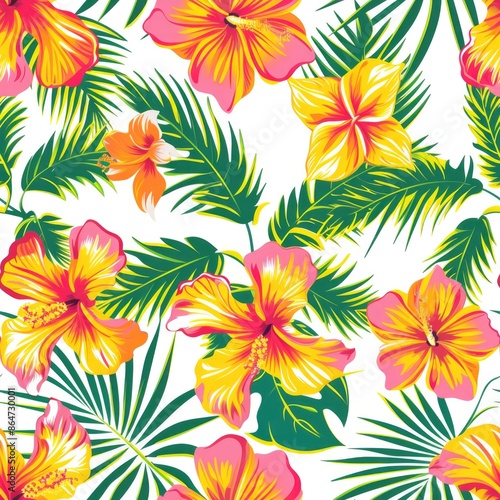 Tropical Paradise: Vibrant Hawaiian Floral Print on White Background, seamless © thesweetsheep