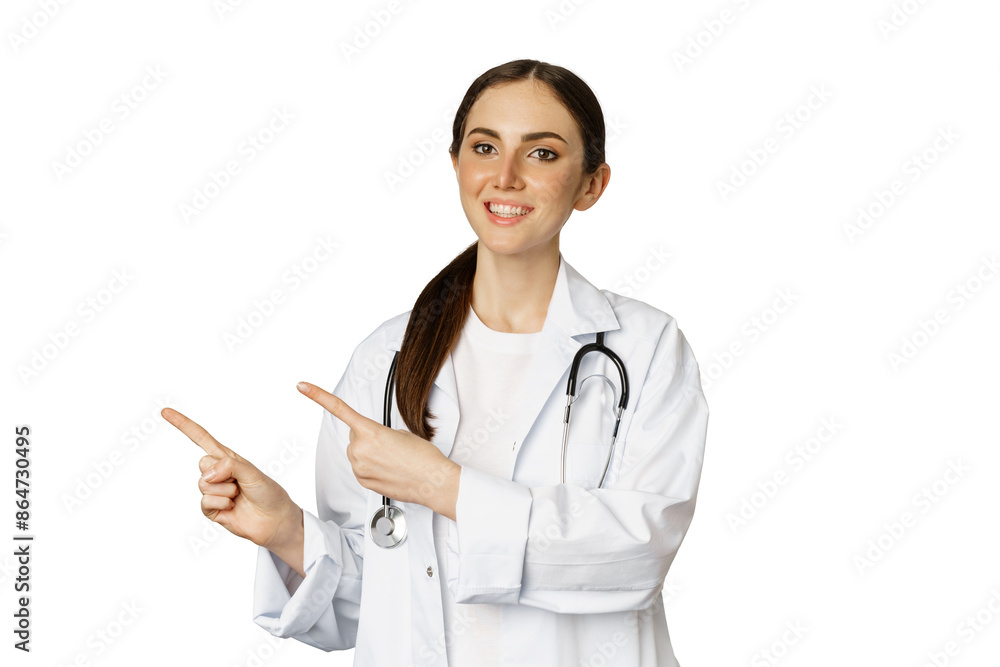 Portrait of smiling young woman doctor, healthcare medical worker, pointing fingers left, showing clinic promo, logo or banner, standing over white background Portrait of smiling young woman doctor, healthcare medical worker, pointing fingers left, showing clinic promo, logo or banner, standing over white background