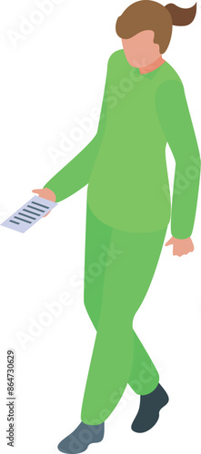 Female doctor is walking while holding a medical report in this isometric illustration