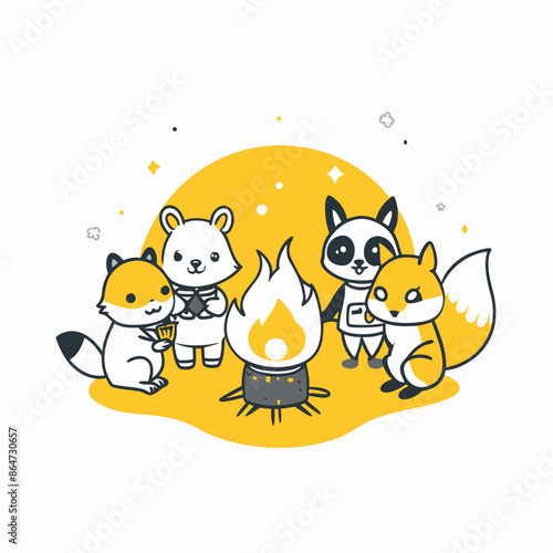 A group of woodland creatures gathered around a campfire.
