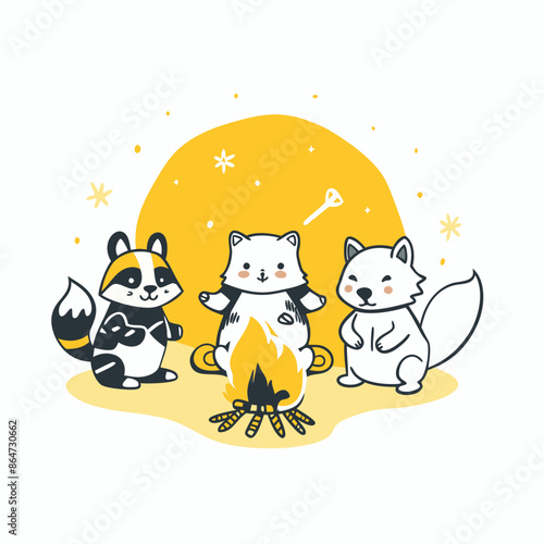 A group of woodland creatures gathered around a campfire.