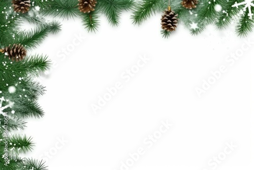 Green Pine Tree Branches With Snowflakes and Pine Cones Bordering a White Background