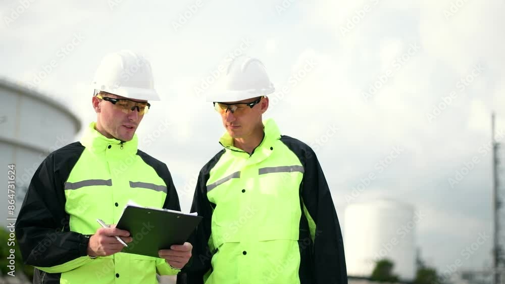 Engineer survey team wear uniform and helmet stand workplace checking blueprint project and radio communication inspection work construction site with night lights oil refinery background. Engineer survey team wear uniform and helmet stand workplace checking blueprint project and radio communication inspection work construction site with night lights oil refinery background.