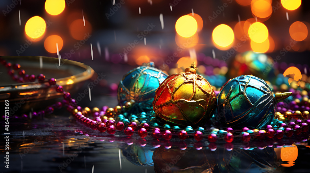 Colorful Mardi Gras beads and eggs displayed on a table. Colorful Mardi Gras beads and eggs displayed on a table.