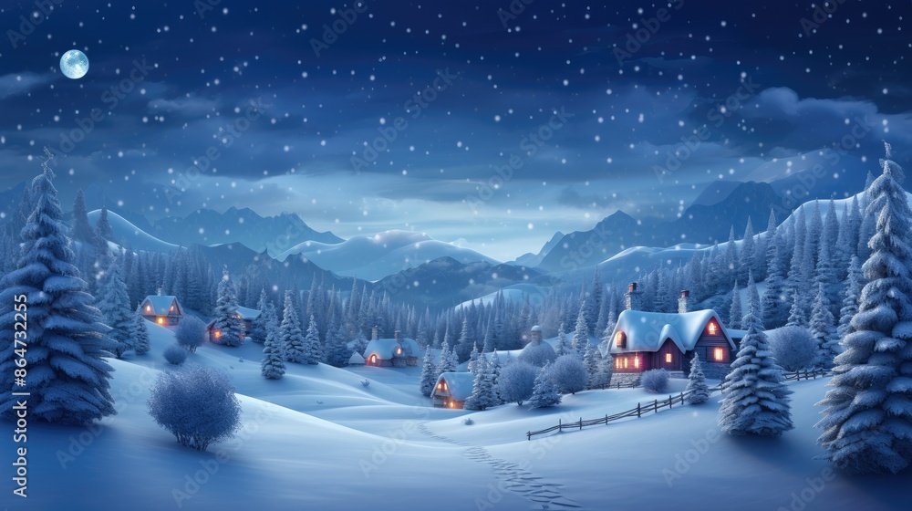 Snowy Winter Night in a Christmas Village snowfall for winter and new year holidays. Holiday winter landscape. Christmas vector background. Snowy Winter Night in a Christmas Village snowfall for winter and new year holidays. Holiday winter landscape. Christmas vector background.