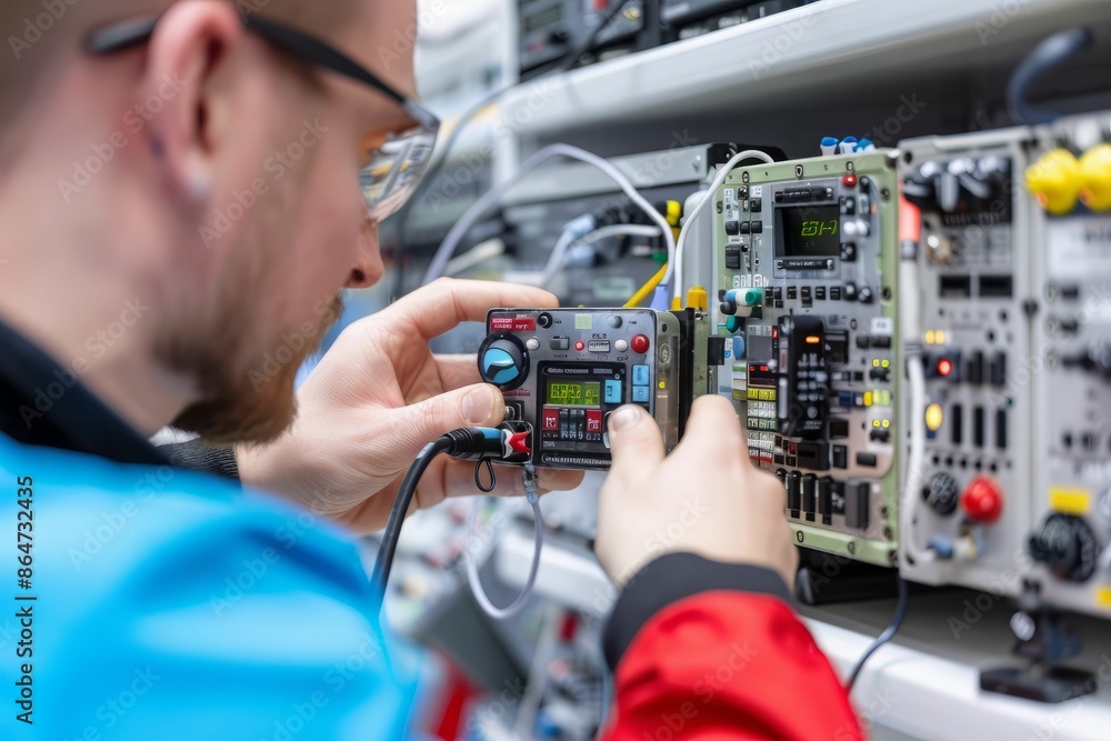 Technician working on a complex control panel. Technician working on a complex control panel.