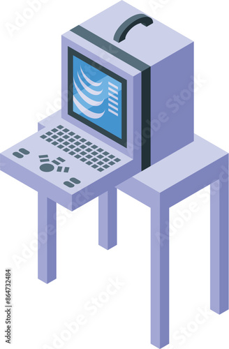 Isometric medical ultrasound machine with keyboard and screen showing ultrasound scan