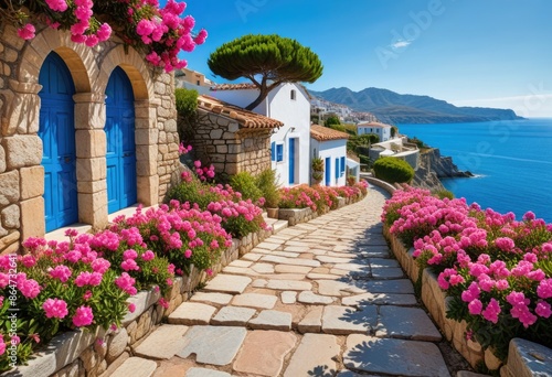 Fototapeta Naklejka Na Ścianę i Meble -  picturesque coastal scene with a vibrant blue ocean, a stone pathway lined with pink blooming flowers, and traditional Mediterranean architecture under a clear sky.