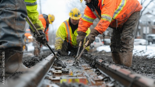 Railway Workers Repairing Tracks in Rain.