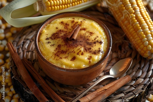 Delicious Brazilian sweet creamy dessert curau de milho mousse of corn with cinnamon