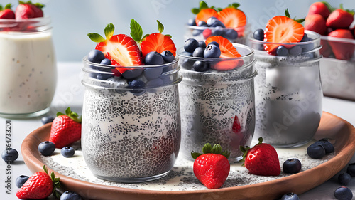 create a realistc and perfect picture of the displayed  dissert dish, Berry Chia Seed Pudding

Ingredients

1/2 teaspoon pure vanilla extract
1 cup unsweetened almond milk
1/4 cup chia seeds
1/2 cup m photo