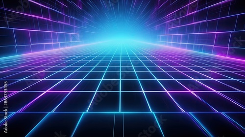 Cyan And Purple Neon Grid Lines Design In A Digital Space Background © DailyStock
