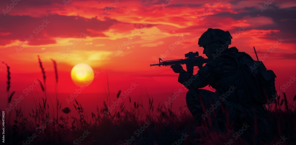 Soldier Silhouette at Sunset in Grassy Field Soldier Silhouette at Sunset in Grassy Field