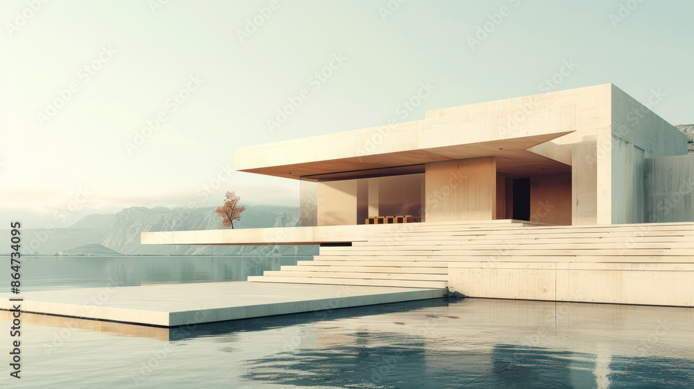 Fototapeta premium A large white house with a pool and a tree in front of it