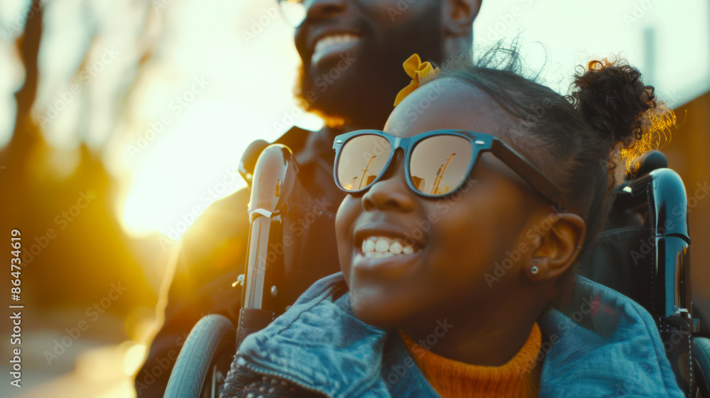 Obraz premium A candid portrait of a little black disabled girl in a wheelchair. Dad walks with his daughter at sunset. The scene is bright and sunny