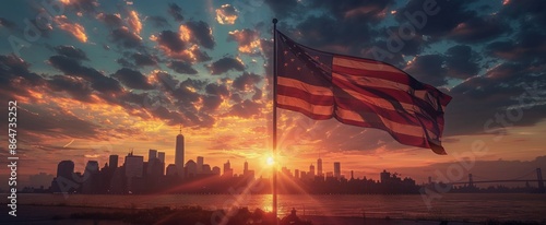 American Flag Waving Over New York City Skyline at Sunset