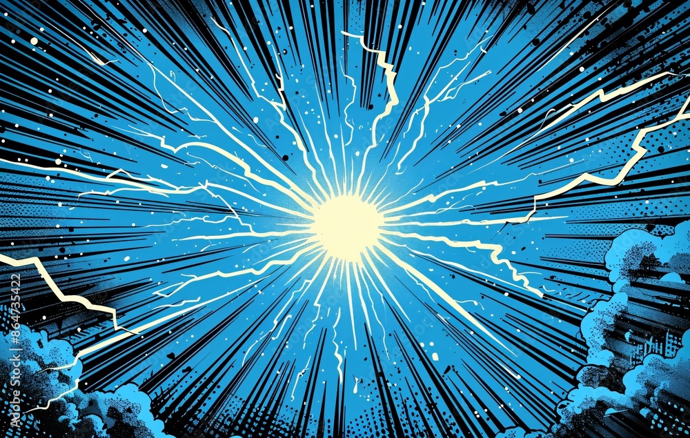 Obraz premium Dynamic comic-style rays emanating from a bright center on a blue background.
