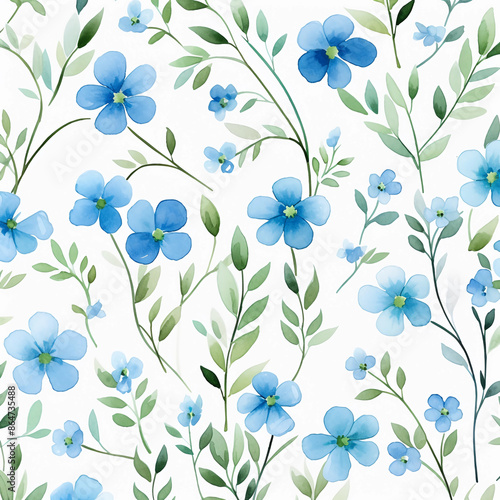 Watercolor Blue Flower Pattern, White Background