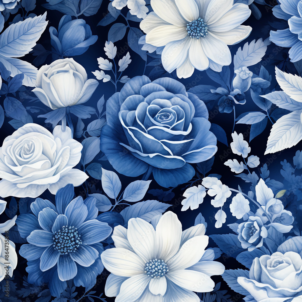 A seamless pattern of blue and white roses, dahlia flowers A seamless pattern of blue and white roses, dahlia flowers