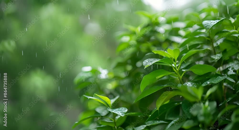 A lush green bush with raindrops falling on it. The rain creates a serene and peaceful atmosphere, as the leaves glisten with moisture. Concept of tranquility and calmness A lush green bush with raindrops falling on it. The rain creates a serene and peaceful atmosphere, as the leaves glisten with moisture. Concept of tranquility and calmness