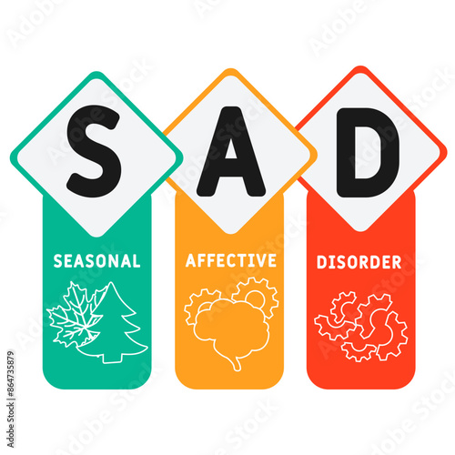 SAD - Seasonal Affective Disorder acronym. business concept background. vector illustration concept with keywords and icons. lettering illustration with icons for web banner, flyer, landing