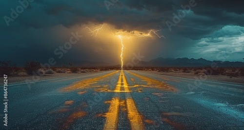 Empty Desert Highway Under A Dramatic Lightning Storm