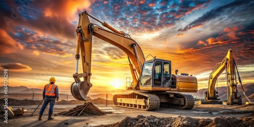 Old excavator with crane on construction site ,construction worker, industry equipment on sunset background,