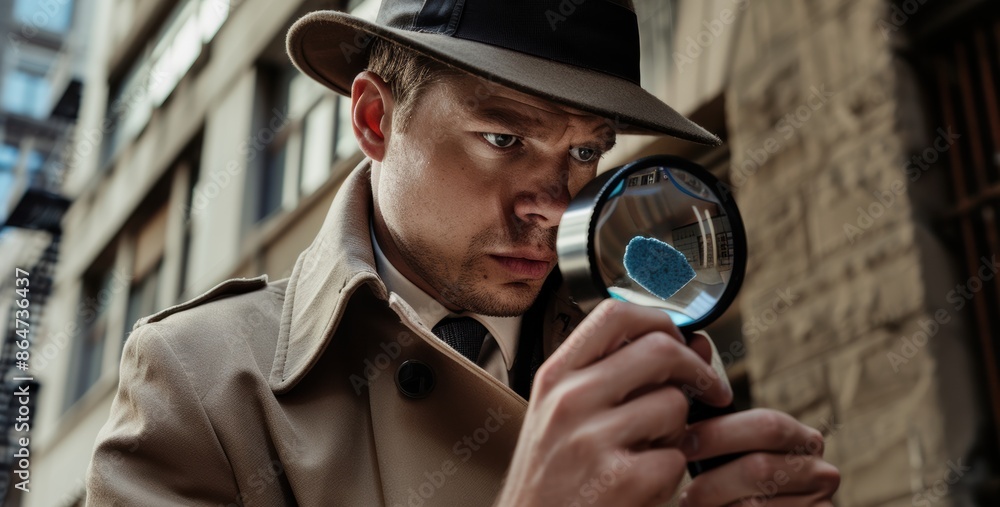 Φωτογραφία Detectives in urban and indoor locations meticulously search for clues using magnifying glasses, evoking a classic noir mood centered on detailed investigative efforts
