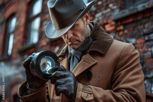 Detectives in urban and indoor locations meticulously search for clues using magnifying glasses, evoking a classic noir mood centered on detailed investigative efforts.