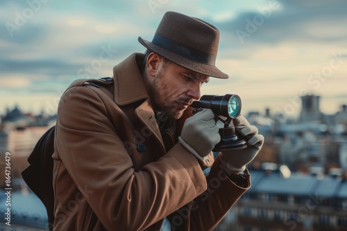 Detectives in urban and indoor locations meticulously search for clues using magnifying glasses, evoking a classic noir mood centered on detailed investigative efforts.