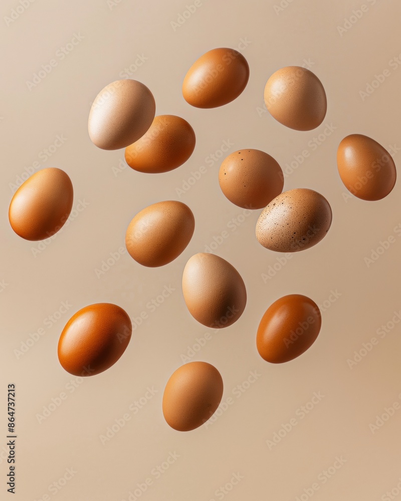 Levitating Brown Eggs Against Beige Background A Fresh, Vibrant Export for Modern Catalog Design with Subtle Egg Carton Shadow, Bright Diffused Lighting Levitating Brown Eggs Against Beige Background A Fresh, Vibrant Export for Modern Catalog Design with Subtle Egg Carton Shadow, Bright Diffused Lighting