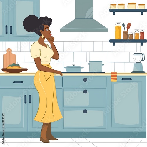 Illustration of an African American Woman in a Modern Kitchen with Yellow Skirt and Light Blue Cabinets