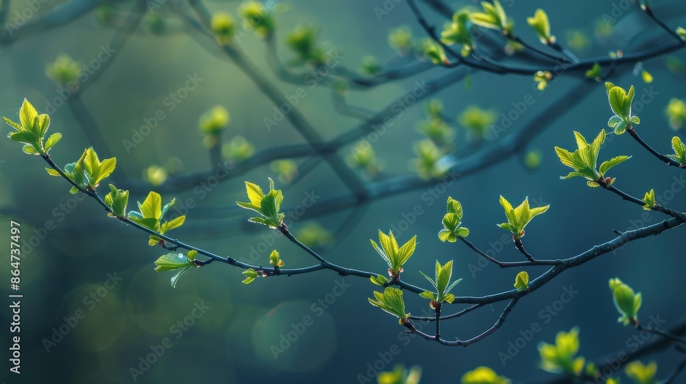 Freshly sprouted green leaves on tree branches, capturing the renewal and growth characteristic of the spring season Freshly sprouted green leaves on tree branches, capturing the renewal and growth characteristic of the spring season