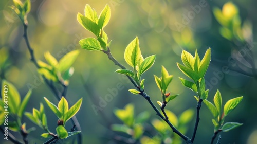 Freshly sprouted green leaves on tree branches, capturing the renewal and growth characteristic of the spring season © Patcharaphorn