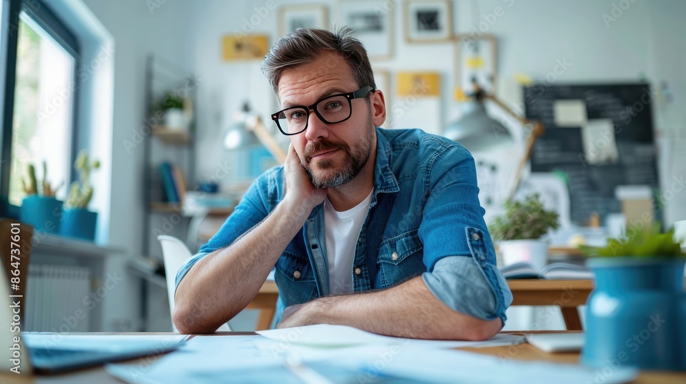 Thoughtful man with glasses in casual office. Workspace with laptop and documents. Creative professional thinking at desk. Thoughtful man with glasses in casual office. Workspace with laptop and documents. Creative professional thinking at desk.
