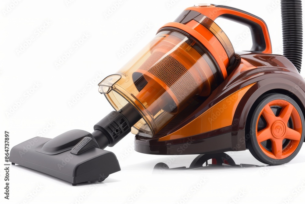 Vacuum Cleaner Isolated on White Background. hose is ready for work. Household Cleaning Equipment. Vacuum Cleaner Isolated on White Background. hose is ready for work. Household Cleaning Equipment.