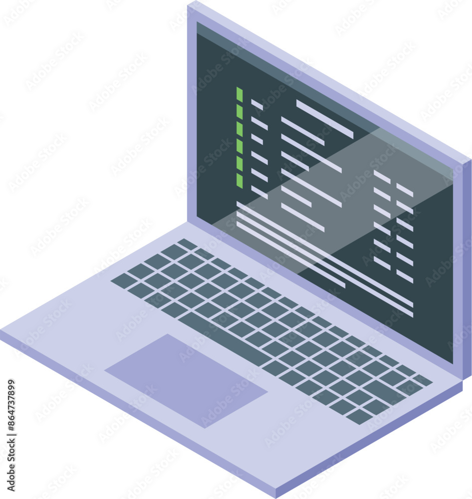 Laptop showing programming code on screen, isometric view