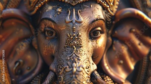 Close-up of Ganesha's face, focusing on the serene expression and ornate crown, highlighting the divine and peaceful nature of the deity --ar 16:9 Job ID: 58dd936f-3d06-4f74-b55e-d4c2e1b44a90 © Patcharaphorn