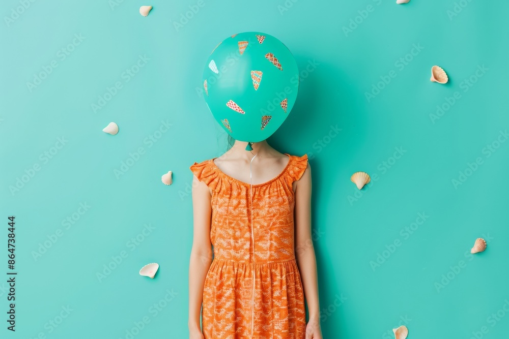 Naklejka premium Surreal Beach Day Woman with Balloon Head in Vibrant Summer Dress on Turquoise Sandy Shore