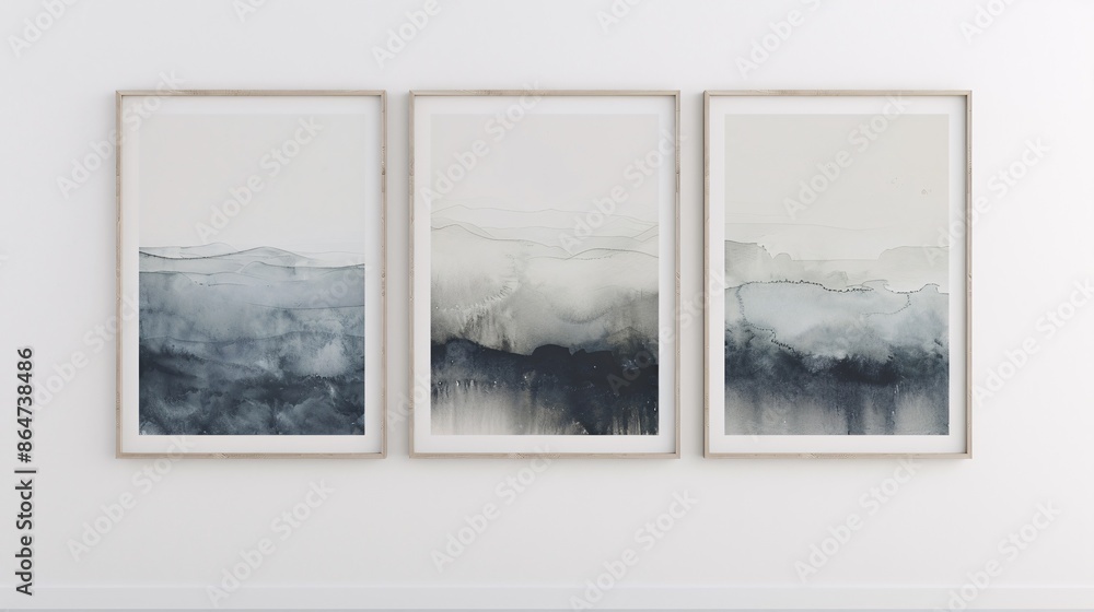 Three modern abstract art posters with a minimalistic approach, hung in a row on a white wall. The posters display ethereal watercolor washes in a monochromatic palette of grays and blacks, creating Three modern abstract art posters with a minimalistic approach, hung in a row on a white wall. The posters display ethereal watercolor washes in a monochromatic palette of grays and blacks, creating