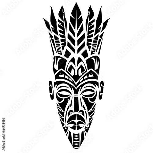 Tribal Mask with Intricate Geometric Patterns, Black and white illustration of a tribal mask featuring intricate geometric patterns and bold, angular shapes, evoking a sense of mysticism and culture.
