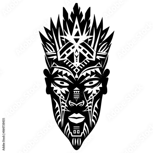 Tribal Mask with Intricate Geometric Patterns, Black and white illustration of a tribal mask featuring intricate geometric patterns and bold, angular shapes, evoking a sense of mysticism and culture.
