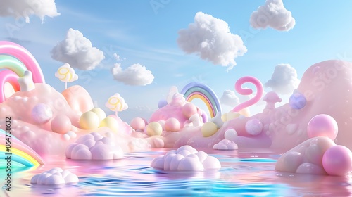 Marshmallow clouds floating over a candy land with rainbow trails, isolated on a dreamy background. © muhammad