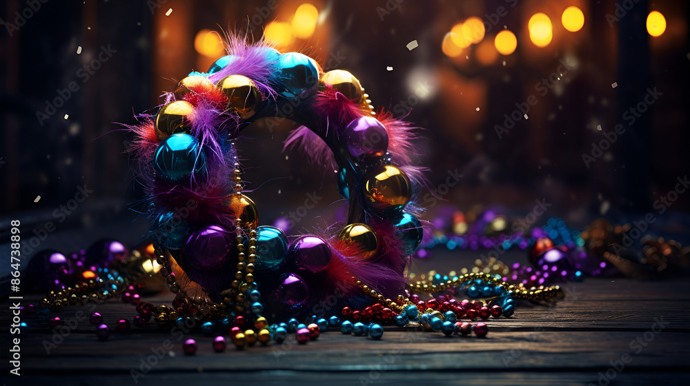 Colorful wreath with beads and feathers on wooden floor. Colorful wreath with beads and feathers on wooden floor.