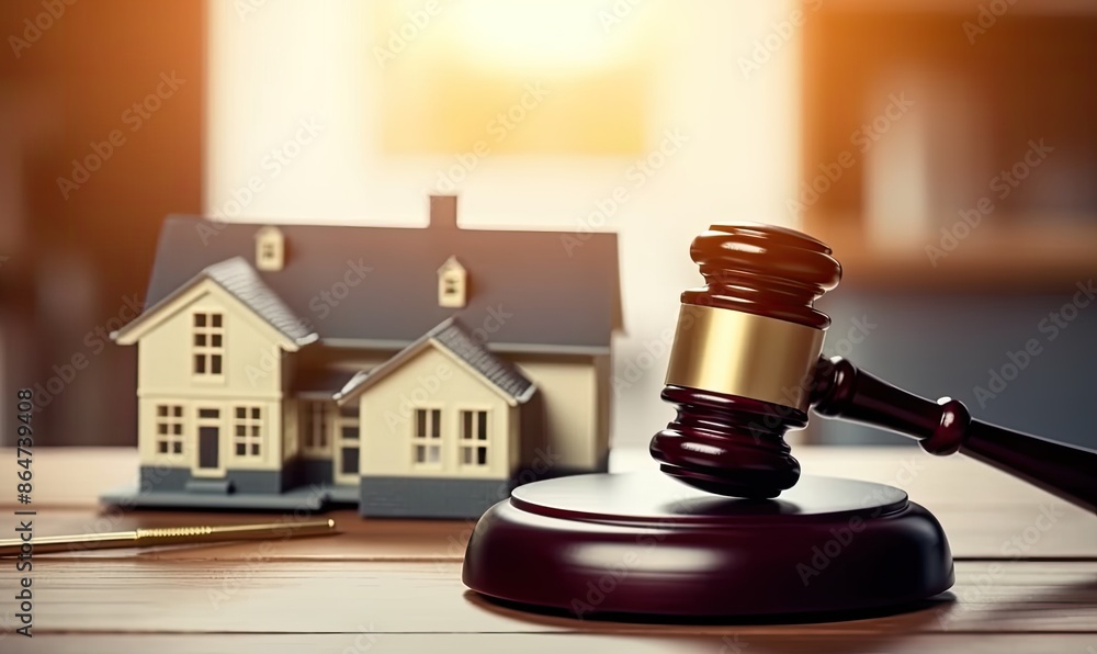 Judges Gavel and Model Houses. Real Estate Auction Concept with Mortgage and Debt Obligations Judges Gavel and Model Houses. Real Estate Auction Concept with Mortgage and Debt Obligations