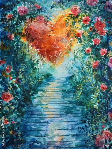 Watercolor painting of a walkway in a flower garden. Use for phone wallpapers, posters, postcards, brochures.