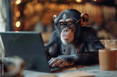 Chimpanzee Working on Laptop in a Cafe
